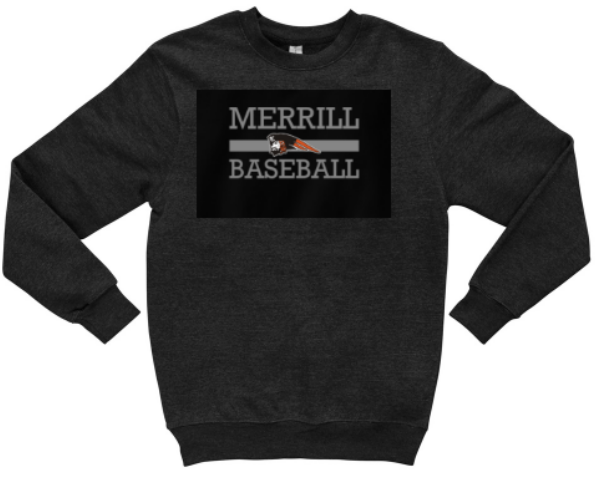 A black sweatshirt with the name of merrill baseball on it.