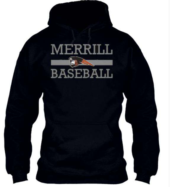 A black hoodie with the words merrill baseball on it.