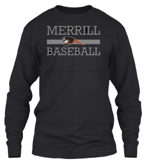 A black long sleeve shirt with the name merrill baseball on it.