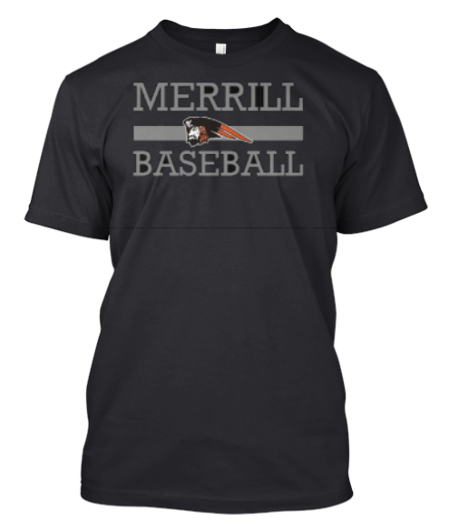 A black t shirt with the words merrill baseball on it.