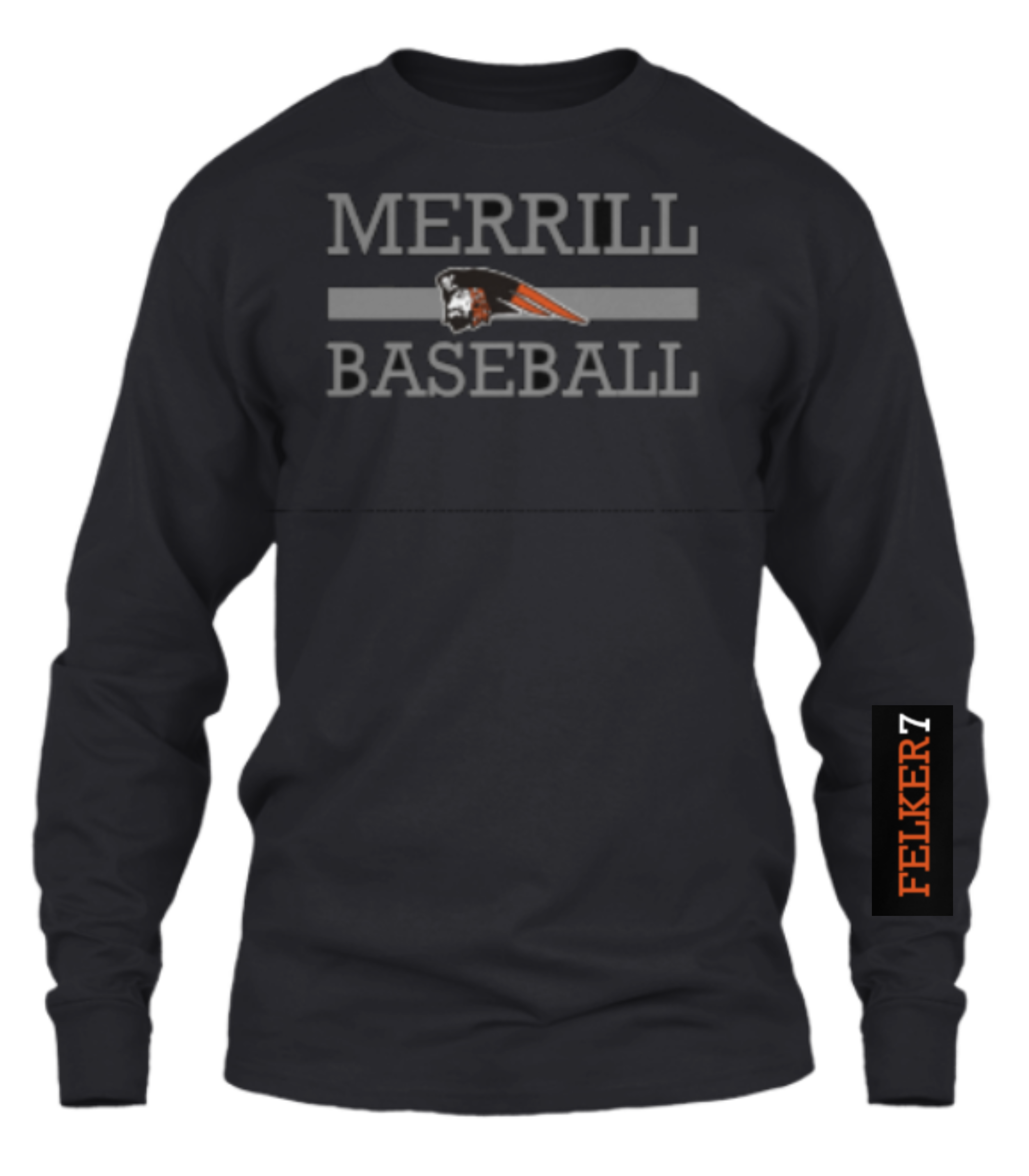 A black long sleeve shirt with the words merrill baseball on it.