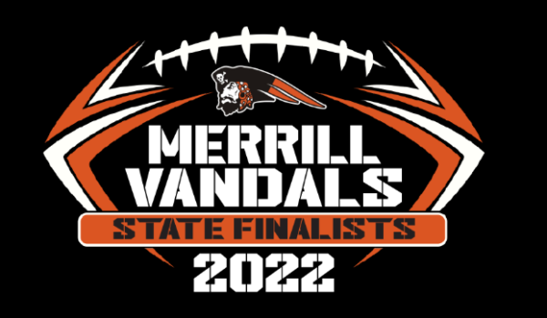 A black and orange football logo with the words " merrill vandals state finalists 2 0 2 2 ".