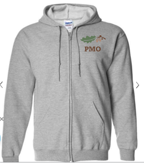 A gray zip up hoodie with the name pmo embroidered on it.