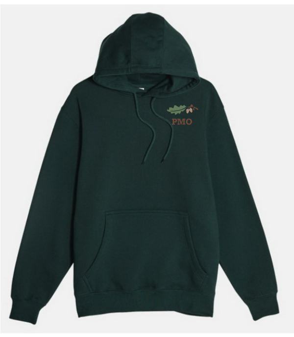 A green hoodie with a logo on the front.