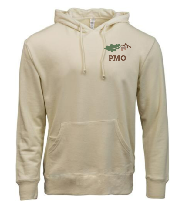 A white hoodie with the letters pmo and an image of a plant.