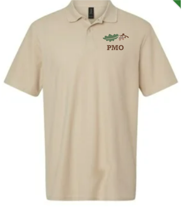 A tan polo shirt with the letters pmo on it.