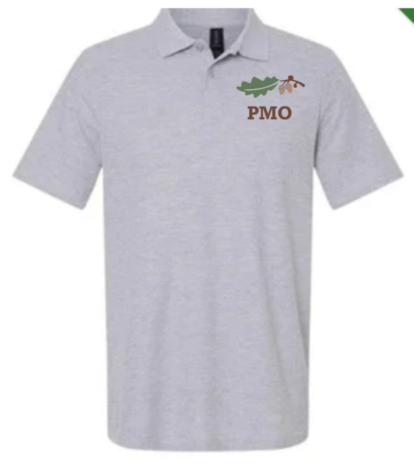 A polo shirt with the letters pmo and an image of a leaf.