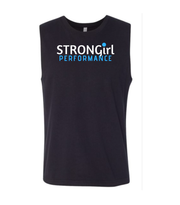 A black sleeveless shirt with the words " stronggirl performance ".