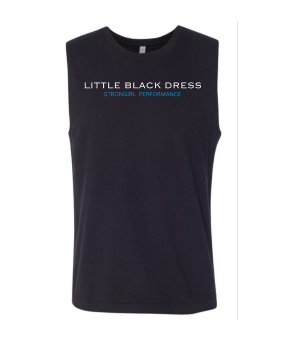 A black sleeveless shirt with the words " little black dress ".