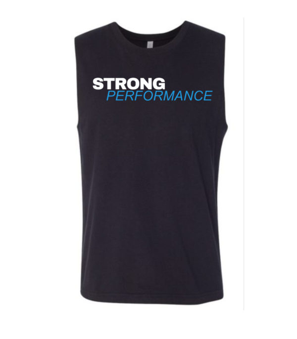 A black sleeveless shirt with the words strong performance written on it.