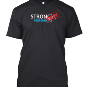 A black t shirt with the words strong girl performance written in red and blue.