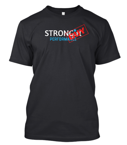 A black t shirt with the words strong girl performance written in red and blue.