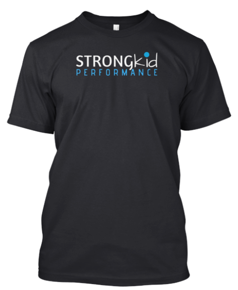 A black t shirt with the words strong kid performance on it.