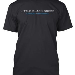 A black t shirt with the words little black dress in blue