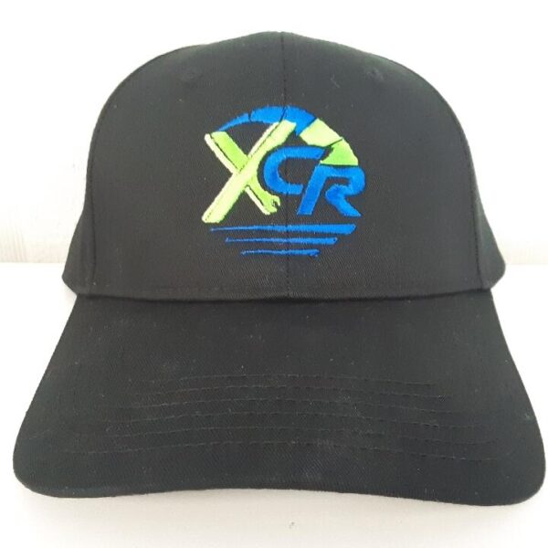 A black cap with the xgr logo on it.